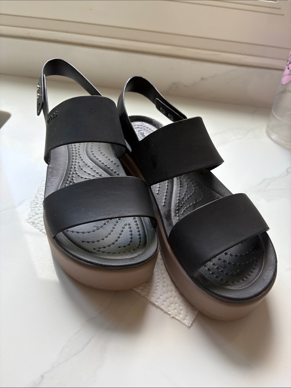 CROCS Women’s Black Two-Band Platform Sandals with Tan Platform